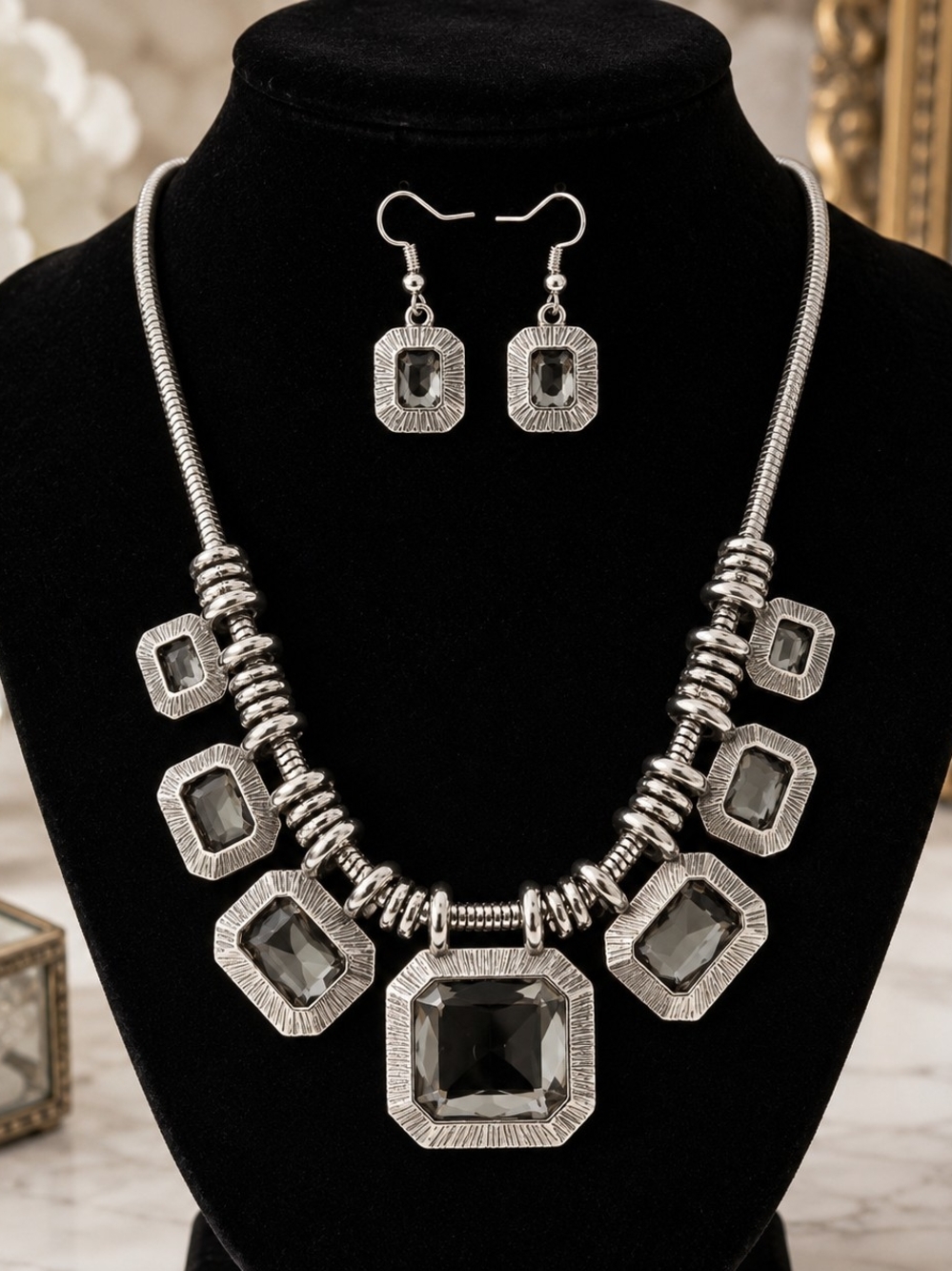Silver-Tone Black Stone Statement Necklace & Earring Set